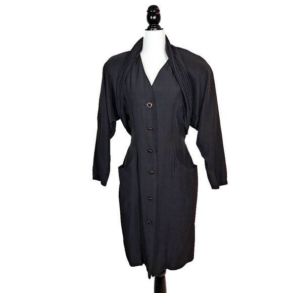 Tailored Black Coat Dress Vintage 80s - Picture 3 of 3